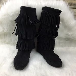 Minnetonka Black Suede Fringe Moccasin Boots